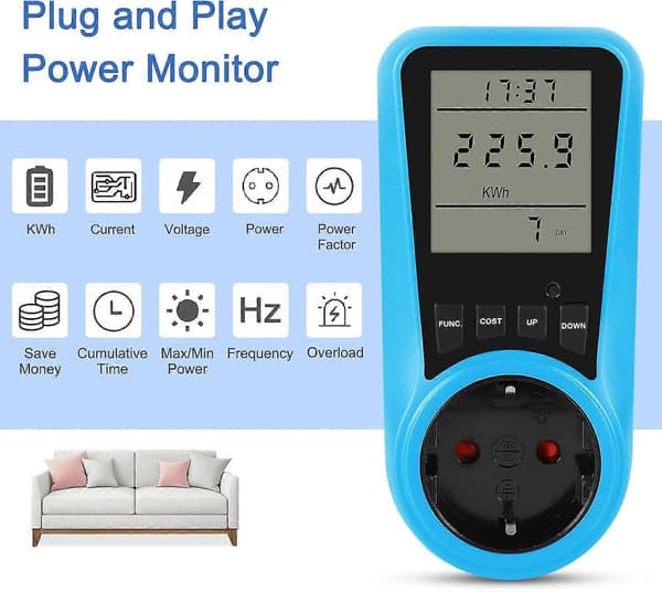 Stikkontakt energimåler, strømforbruksmåler wattmeter med LCD-bakgrunnsbelysning og 7 overvåkingsmoduser