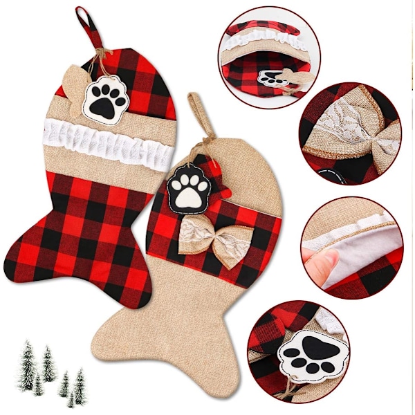 Personlige Julestrømper til Hund, Buffalo Plaid Sækkelærred Stort Knogleformet Design, Til Juletræspynt, Behagelig at Røre Ved