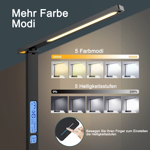 Smart Skrivbordslampa med Vikbar Design, Touchkontroll Dimbar Skrivbordslampa, Trådlös Laddning & USB-Laddningsport för Hemmakontor, Anti-Bländningsskärm