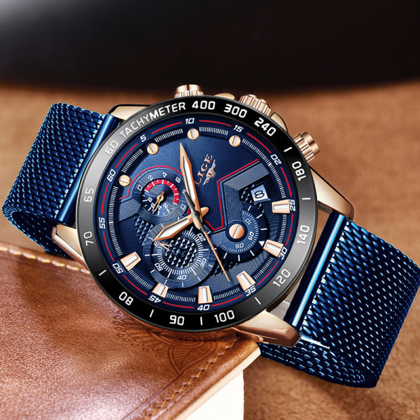 Herrmode Business Analog Quartz Klassisk Casual Blå Läderklocka