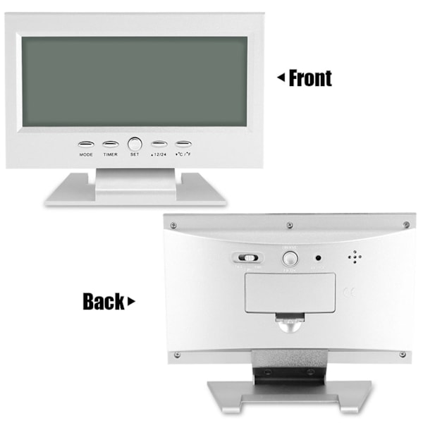 LCD Digital Lydfølsom Bordvekkerklokke med Kalender og Temperaturvisning Sølv