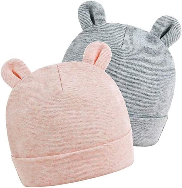 2-pack, Rosa och grå bomullsnyföddmössa med söta björnöron