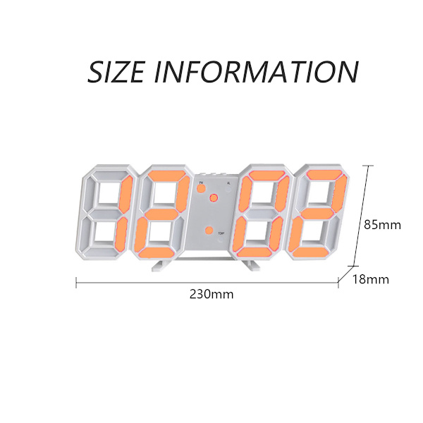 3D Digital Vækkeur Minimalistisk Stil Vægmonteret LED Nummer Tid Vækkeur til Kontor Hvid Ur Orange Skrift