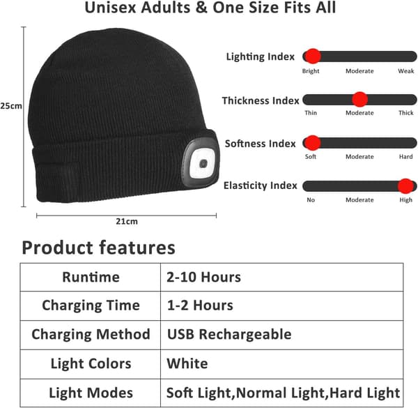 LED Lue med Lys, USB Oppladbar Lysende Lue 4 LED Hodelykt
