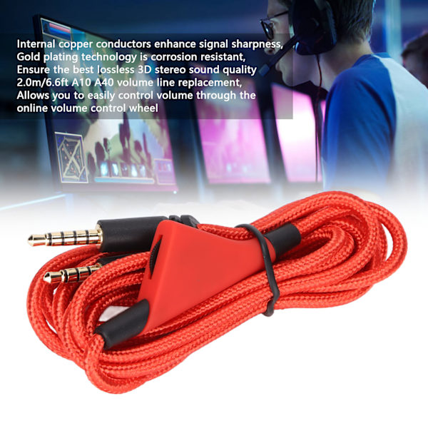Erstatningslydkabel med volumkontroll på kabel og uten mute-kontroll for Astro A10 A40TR Gaming Headset (Volumkontroll Rød)