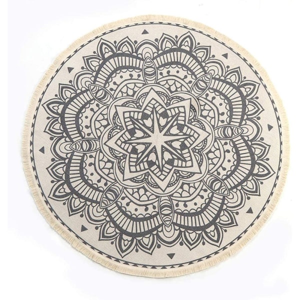 Vintage Pyöreä Matto 90cm Puuvillamatto Pyöreä Pestävä Matto Mandala Tupsuilla Käsin Kudottu Iso Matto Olohuoneeseen, Makuuhuoneeseen