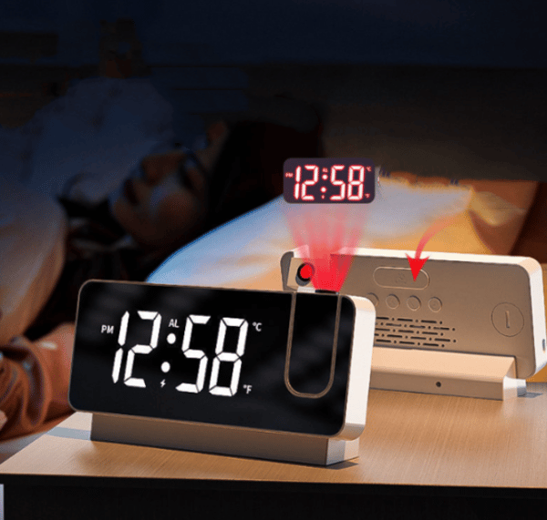 Vit projektionsväckarklocka, väckarklocka+tidsvisning, snooze, 1