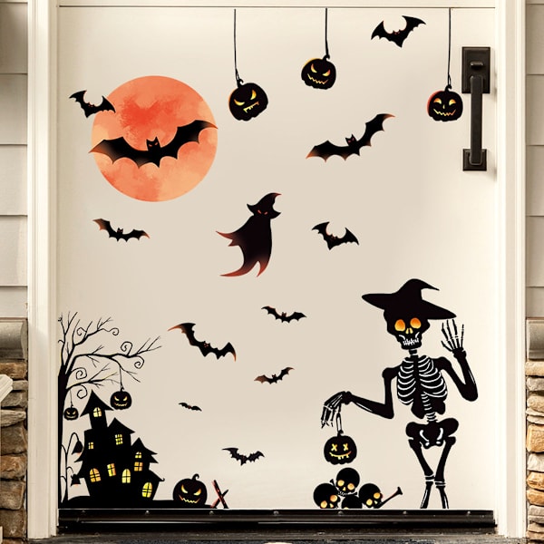 2 sarjaa Halloween-aiheisia seinätarroja: Punainen kuu, lepakko, linna, kurpitsa, haamu, luuranko
