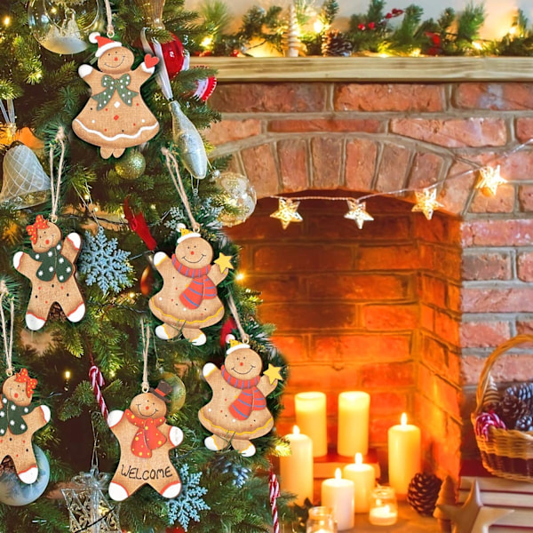Pepparkaksgubbe Ornament, Perfekt för Familjetid, Julgransdekorationer i Trä med Blandade Figurer, Bedårande Handflatstorlek (8 st)