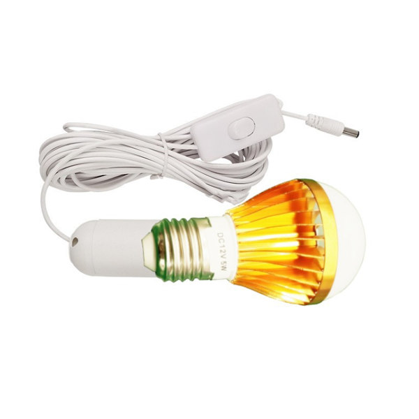E27 Spiral LED-sollampa, vit, för campingtält, 12 V, 5 W, med 3 meter DC-kabel