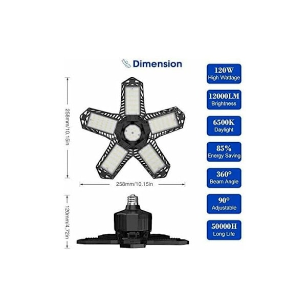 Justerbara paneler, naturligt dagsljus för klar sikt, 120W 12000 lumen deformerbar garagebelysning, verkstadslampa med avancerat kylsystem