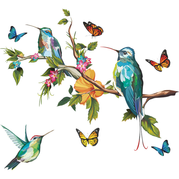 Bird on Tree Branch Wall Sticker, Removable Watercolor Flower Hu