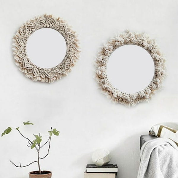 Seinälle ripustettava peili makrame-reunuksella, pyöreä peili, boho-sisustus asunnon olohuoneeseen, makuuhuoneeseen, vauvan huoneeseen, opiskelijahuoneeseen, eteiseen