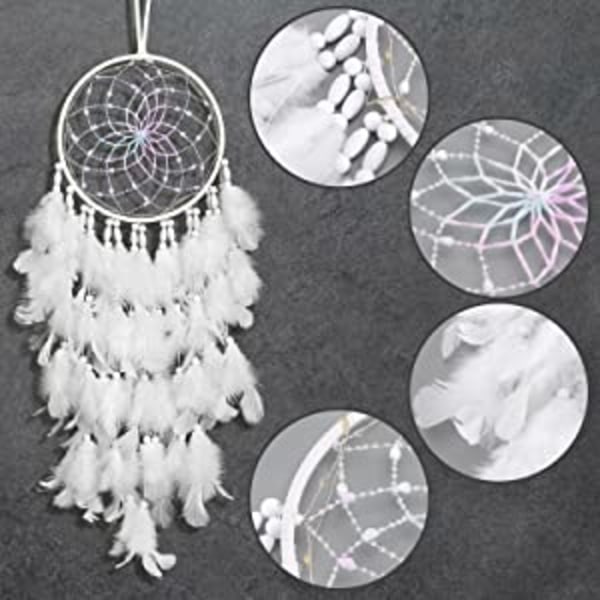 LED Drømmekatcher Væghængning Hvid Fjer Perle Boho Vævet Kunst