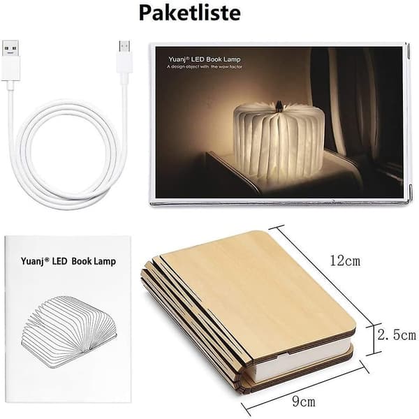 Træboglampe, foldbar boglampedekoration, varm hvid