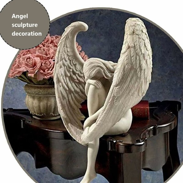 Hageengel-pynt, skulptur-engel-dekorasjon, bevinget engel, 3D hagestatue, sittende fe, kunstpynt, sittende fe-skulptur