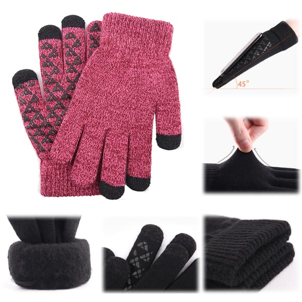 Strikkede termohandsker, uld skridsikre touch screen handsker Wine red