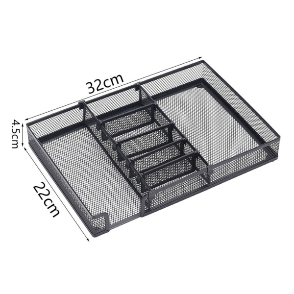 Työpöydän laatikon järjestäjälokero säädettävillä osastoilla, metalliverkko, monikäyttöinen työpöydän säilytyslaatikko, musta, 32*22*4.5cm