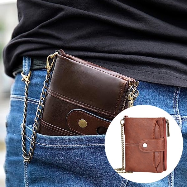 Mjuka tvåfaldiga plånböcker i PU-läder för män Nyckelring med dragkedja