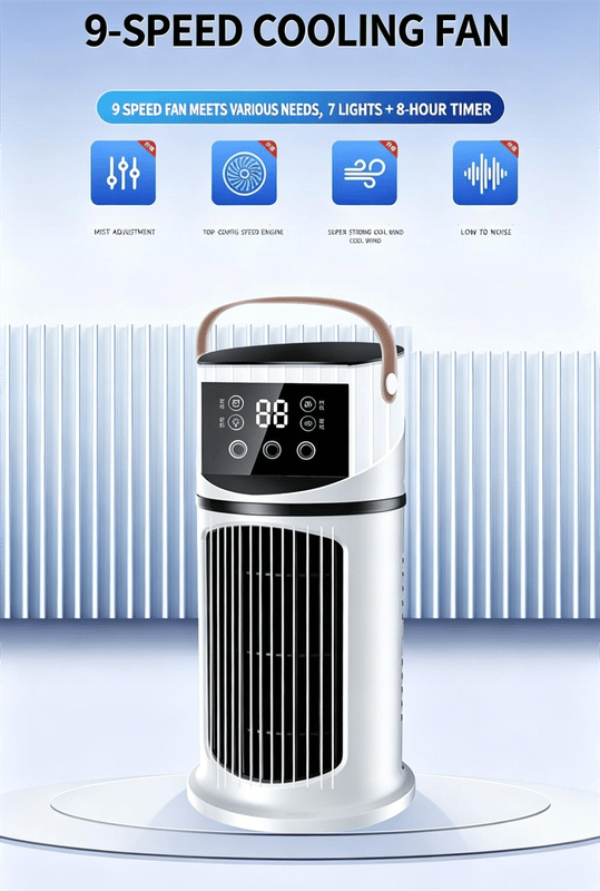 Bærbar Multifunktionel Airconditionventilator/Køletårnventilator med 9 Hastighedsindstillinger, Timerfunktion og USB-opladning – Ideel til Kontorer og Hjem