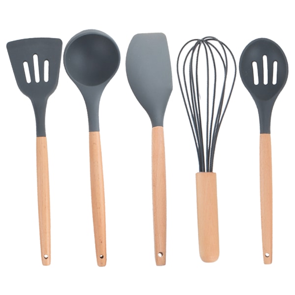 Köksredskapsset med trähandtag, non-stick silikonmatlagningsredskap, livsmedelsgodkänd silikon, ergonomisk design för bred användning