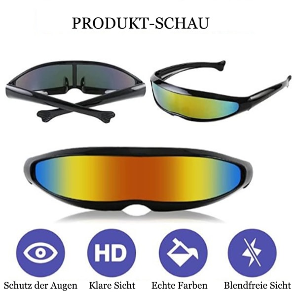 Futuristiska solglasögon, paket med 2 färgglada + blå Futuristiska glasögon, roliga glasögon, rollspel halloweenglasögon, rymdglasögon, utomjordiska glasögon set