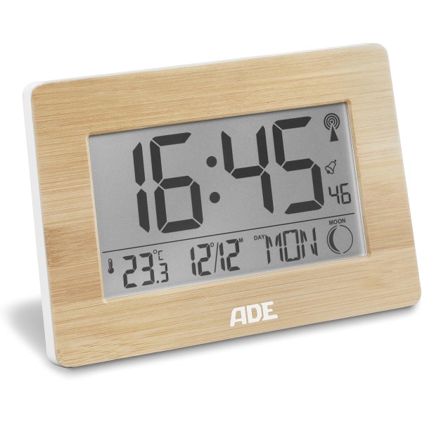Radiostyrd digital klocka med DCF tidssignal, hölje med äkta bambu, LCD display, termometer, väckarklocka och kalender. Batteri ingår,