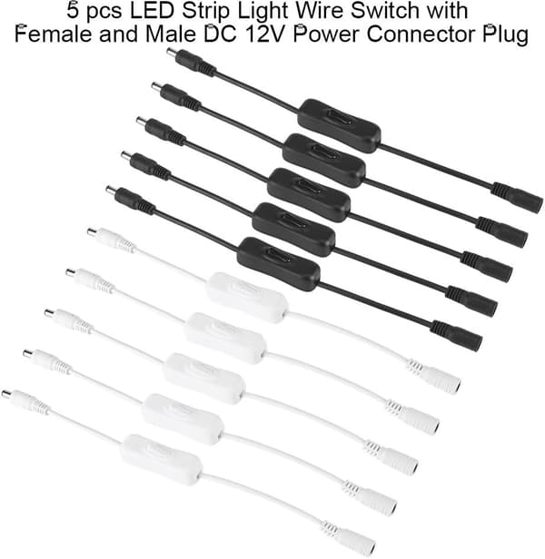 DC 12V Inline Bryter, 5 stk LED Strip Lys På/Av DC Jack (5.5 x