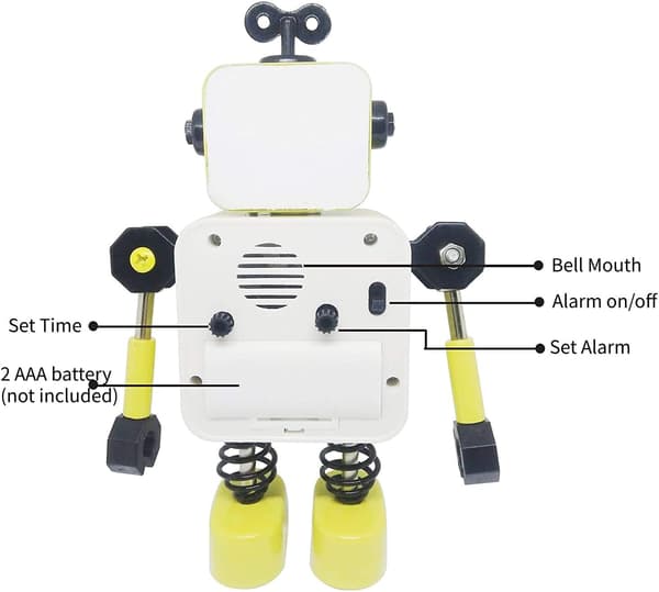 Gul robot vækkeur, lydløst vækkeur i rustfrit stål med