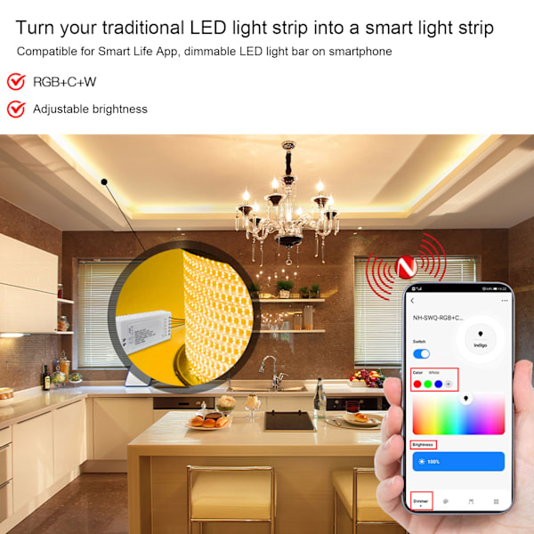 Zigbee LED Driver Smart Home LED Strip Controller RGB+CW Lysbåndscontroller med App DC12~24V