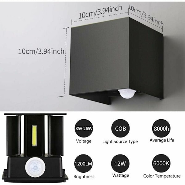 Vegglampe 12W IP65 Vanntett 6000K Kald Hvit Justerbar Vinkel LED Svart med Bevegelsessensor