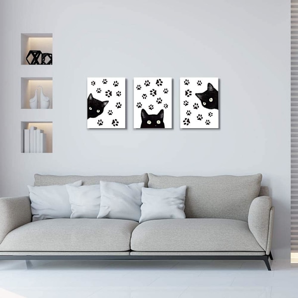 Set med 3 djur katt väggkonsttryck, rolig affisch med svart katt a