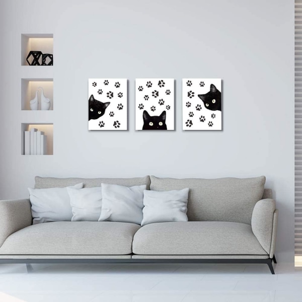 Set med 3 djurkattväggkonsttryck, rolig affisch med svart katt en
