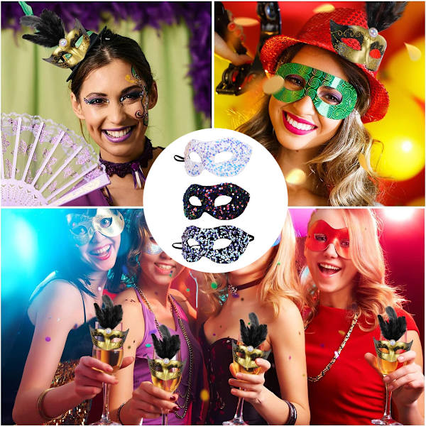 3 stk. Maskerademaske til kvinder - Sequinmaske til Halloween