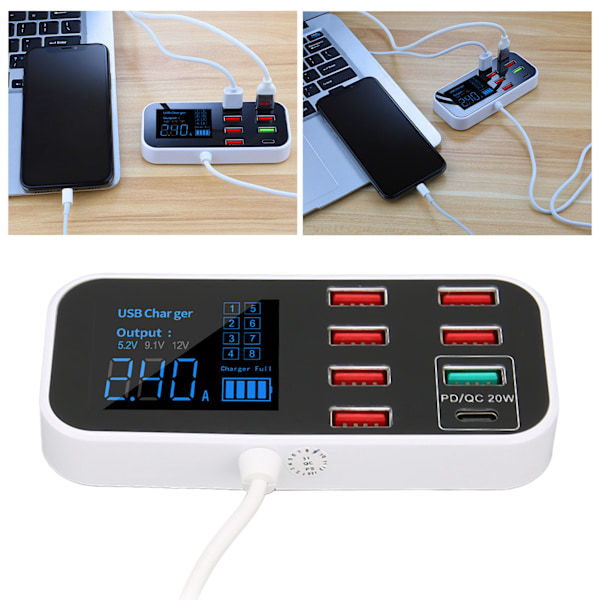 A9S+ 8 Portin Auton Latauslaite 40W Nopea Lataus QC 3.0 USB C Useita USB Latausasemia LCD-näytöllä Autolle Useille Laitteille