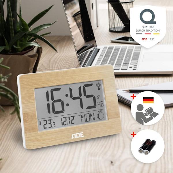 Radiostyrd digital klocka med DCF tidssignal, hölje med äkta bambu, LCD display, termometer, väckarklocka och kalender. Batteri ingår,