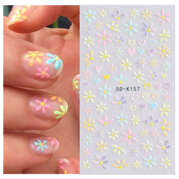 Blommig nagelkonstdekal 5D Relief nagelkonstdekal Vårprästkragar Nagelkonstdesign Självhäftande nagelkonstdekal Feminin nageldekoration