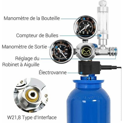 CO2-regulator til akvarium med 12V adapter, trykreducer til akvarium, dobbelt manometer inkluderer bobletæller og ventil
