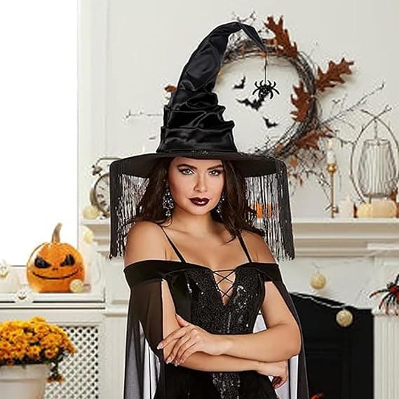 Halloween COS Troldmands-/Heksehat, Maskeradebal og Rollespilsfester, Sort Flagermus-trykt Frynset Spids Hat
