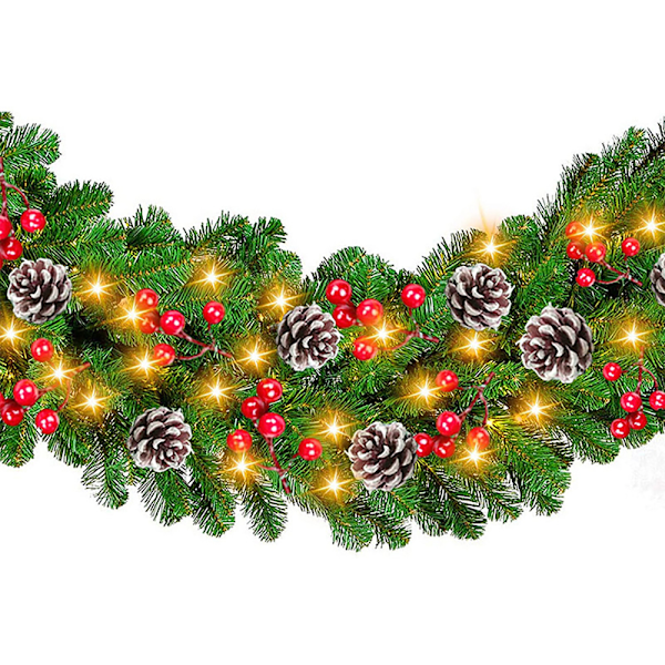 Lysande Julglädje, Förbelyst Julgirlang, Flexibel Form, Frodig Tallgirlang Prydd med Röda Bär och Kottar, 360 cm Lång, 25,5 cm