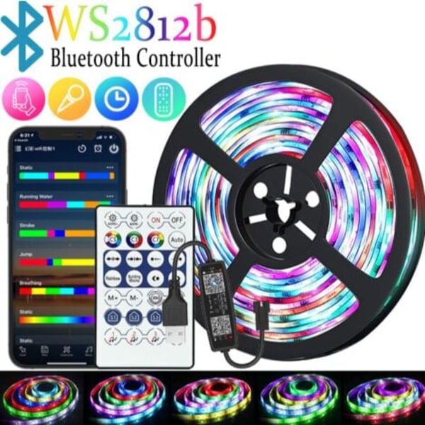 Intelligent LED-lysstripe med Bluetooth 5m WS2812B - Med fjernkontroll + app, synkroniser med musikkrytme/funksjon