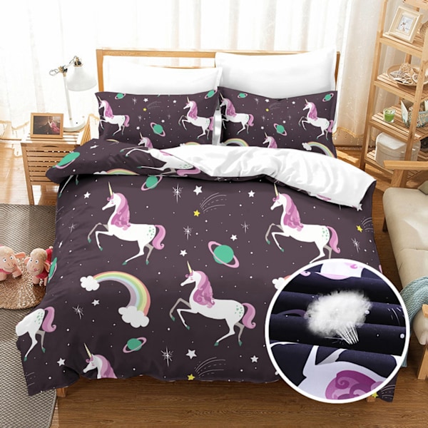 Sengesett med dynetrekk og putevar, 3 deler, 100 % polyester, trykt med enhjørning (Queen)