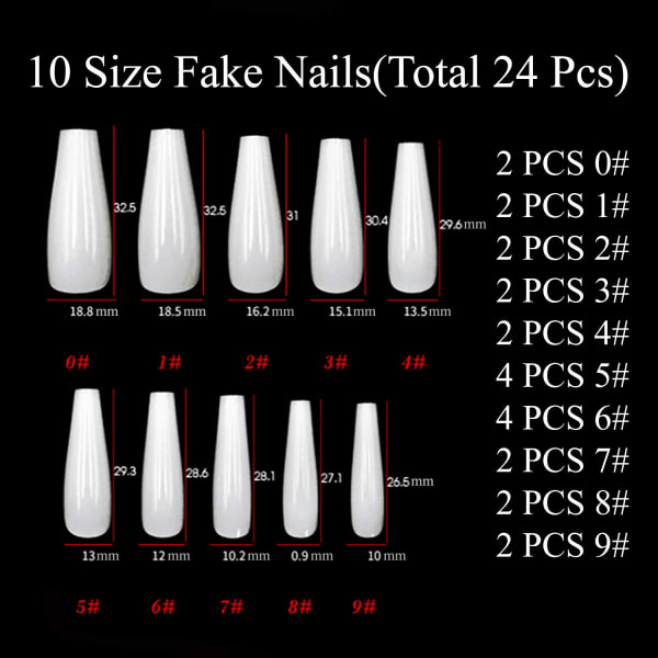24 st Press on Nails Kista för kvinnor, extra långa falska naglar lim på naglar, lösnaglar med lim (Nude Flame)