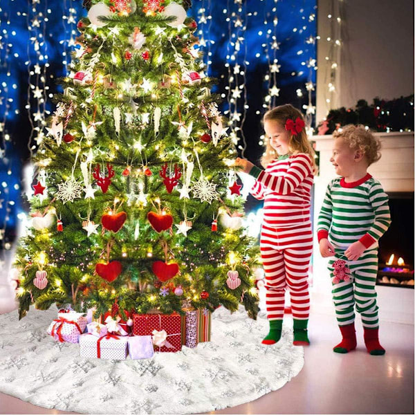 Nytolkad Julgransmatta, Paljett Snöflinga &amp; Snövitt Fuskpäls För En Vinterdröm, Dubbellagersdesign (122 cm)