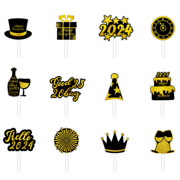 12 Styk Happy New Year Cupcake Toppers, 2024 Fest