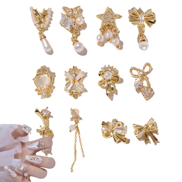 12st 3D Nail Charms Dingle Nail Strass Glas Nagelkristaller Legering Nageldesign Glänsande nagelädelstenar för naglar dekoration DIY Craft Nail Art Accessoarer