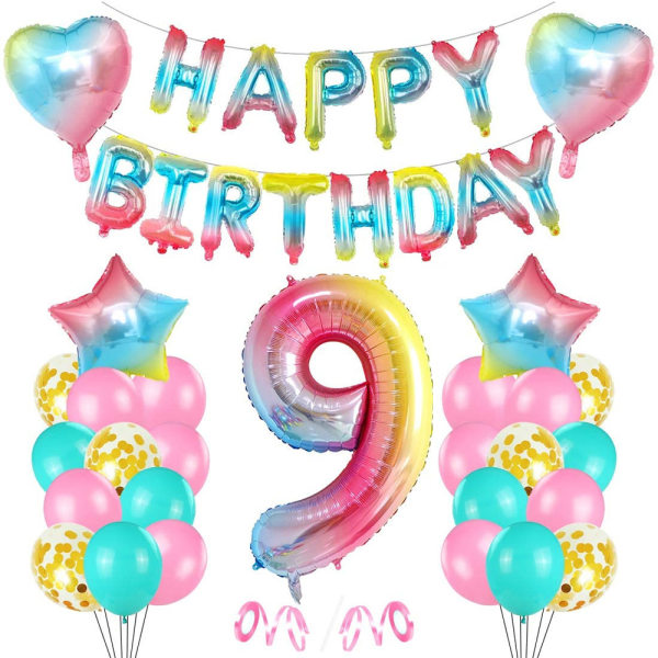 Födelsedagsdekorationer, regnbågsgradient färgglad nummerfolie heliumballonger för tillbehör till baby