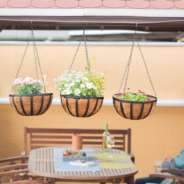 Trädgårdsaccent, Hängande korg med kokosfiberfoder för verandadekoration, minimalistisk design metallplanter, 3 st