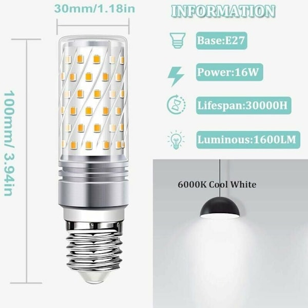 Miljövänliga 16W LED majslampor, Standard E26-sockel, Starkt ljusflöde 1600Lm, Ej dimbar energibesparande lampa, Värmeavledning för inomhus och utomhusbruk