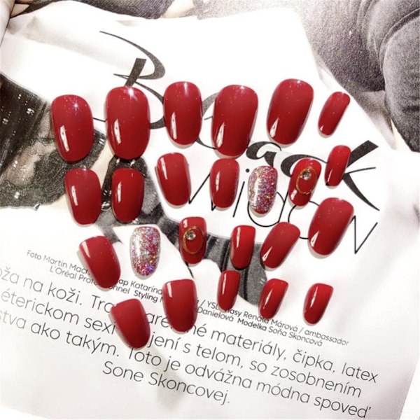 24 stk Røde Glitter Pailletter Rhinestone Dekoration Kunstige Falske Negle Tip & Lim